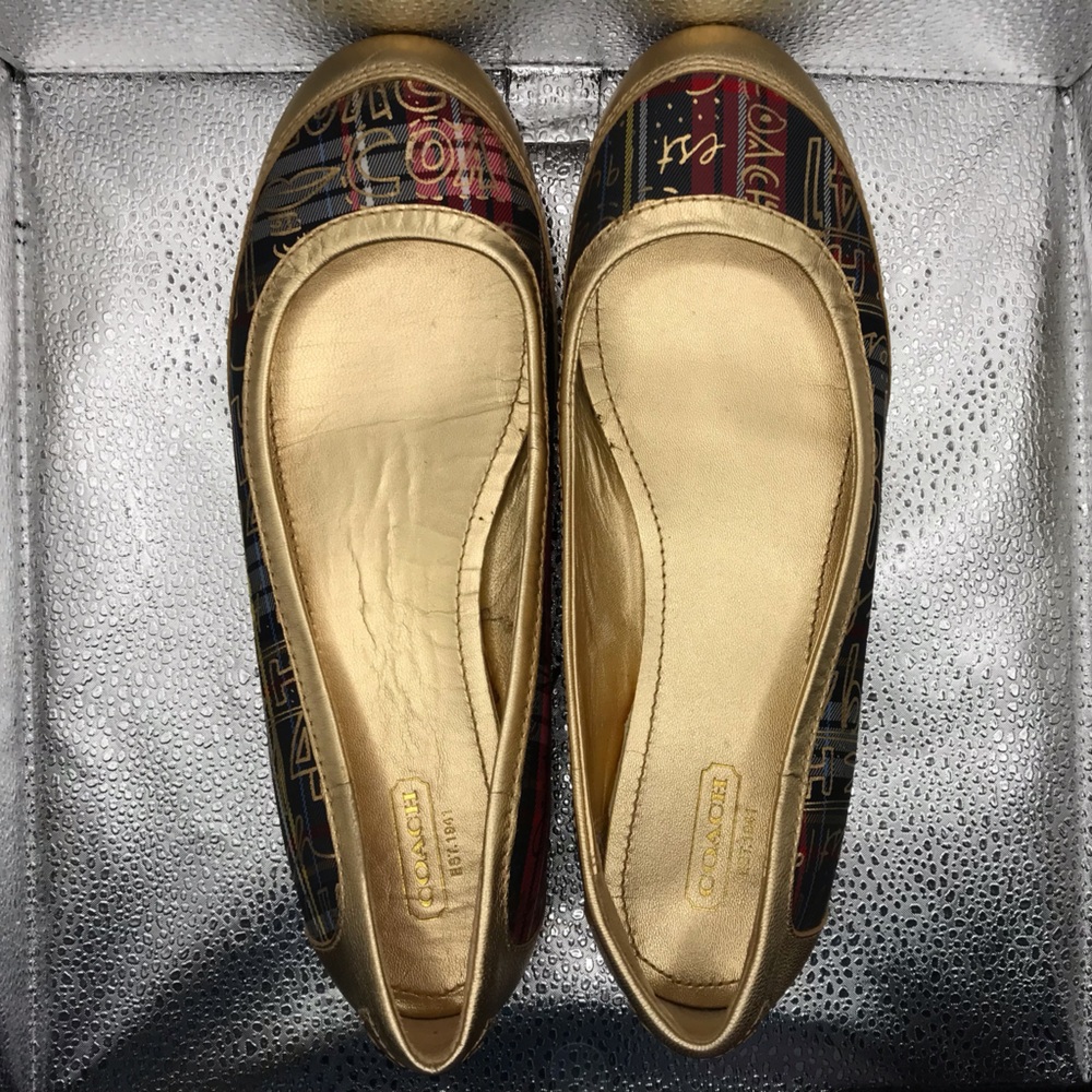 Coach Metallic Gold & Plaid Signature Ballet Flats